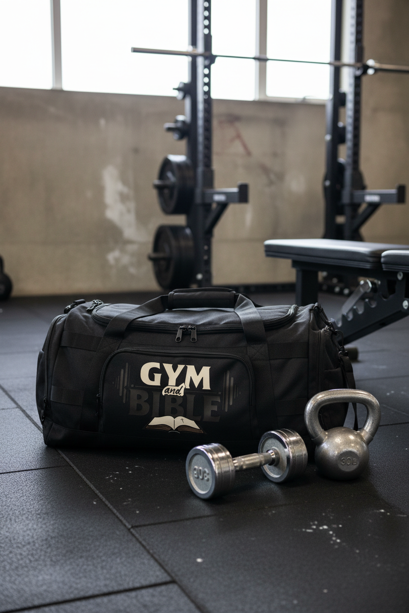 Duffel bag with Gym and Bible logo in gym setting